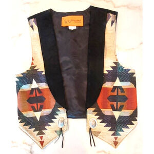 TA Branded Santa Fe VTG Tapestry/Suede/Concho Western Aztec Unisex Vest Size L